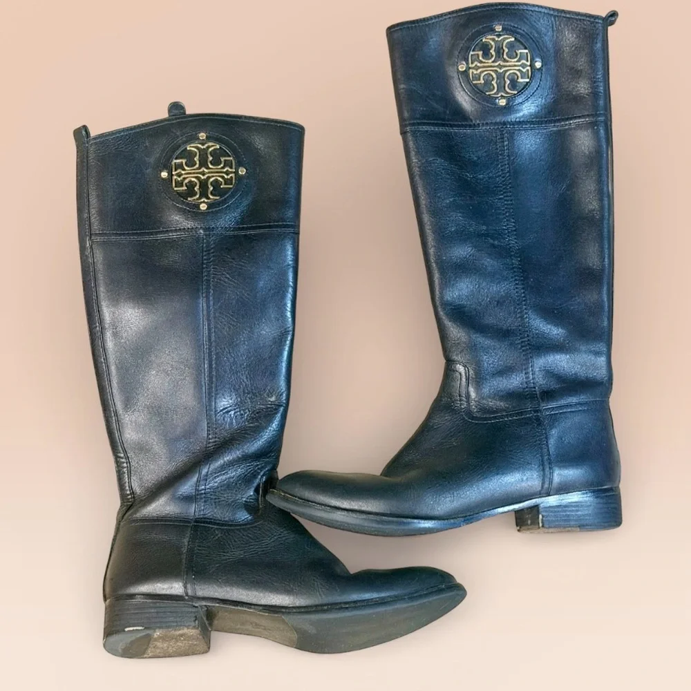 Tory Burch Kiernan Riding Boots Black Leather Knee High Gold Logo 10M